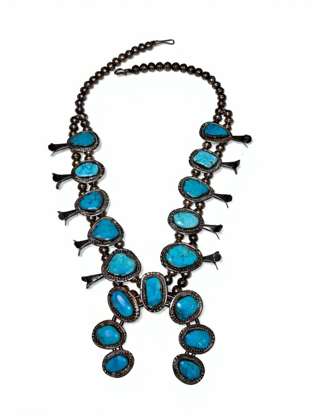 Vintage Navajo Naja Sterling Squash Blossom Necklace with Kingman Turquoise